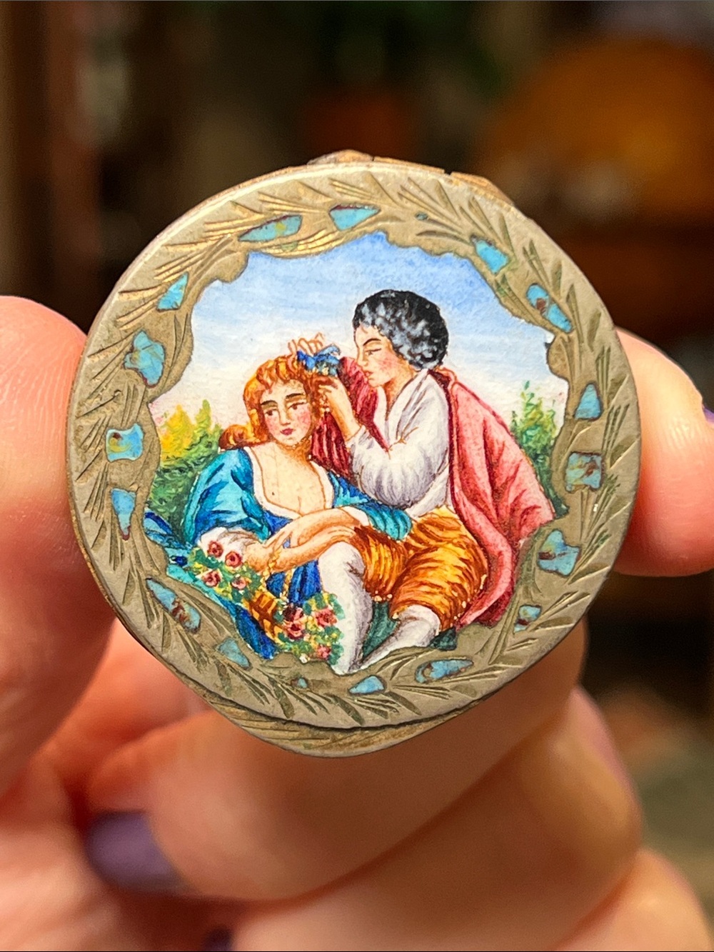 Antique Italian 800 Silver Handpainted Enamel Scenic Etched Brass Pill Box